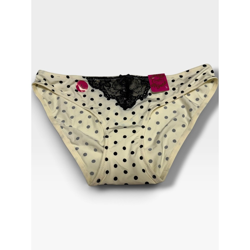 Candies Women Polka Dot Lace Trim Bikini Panties Cream Black Bow Accent L NEW